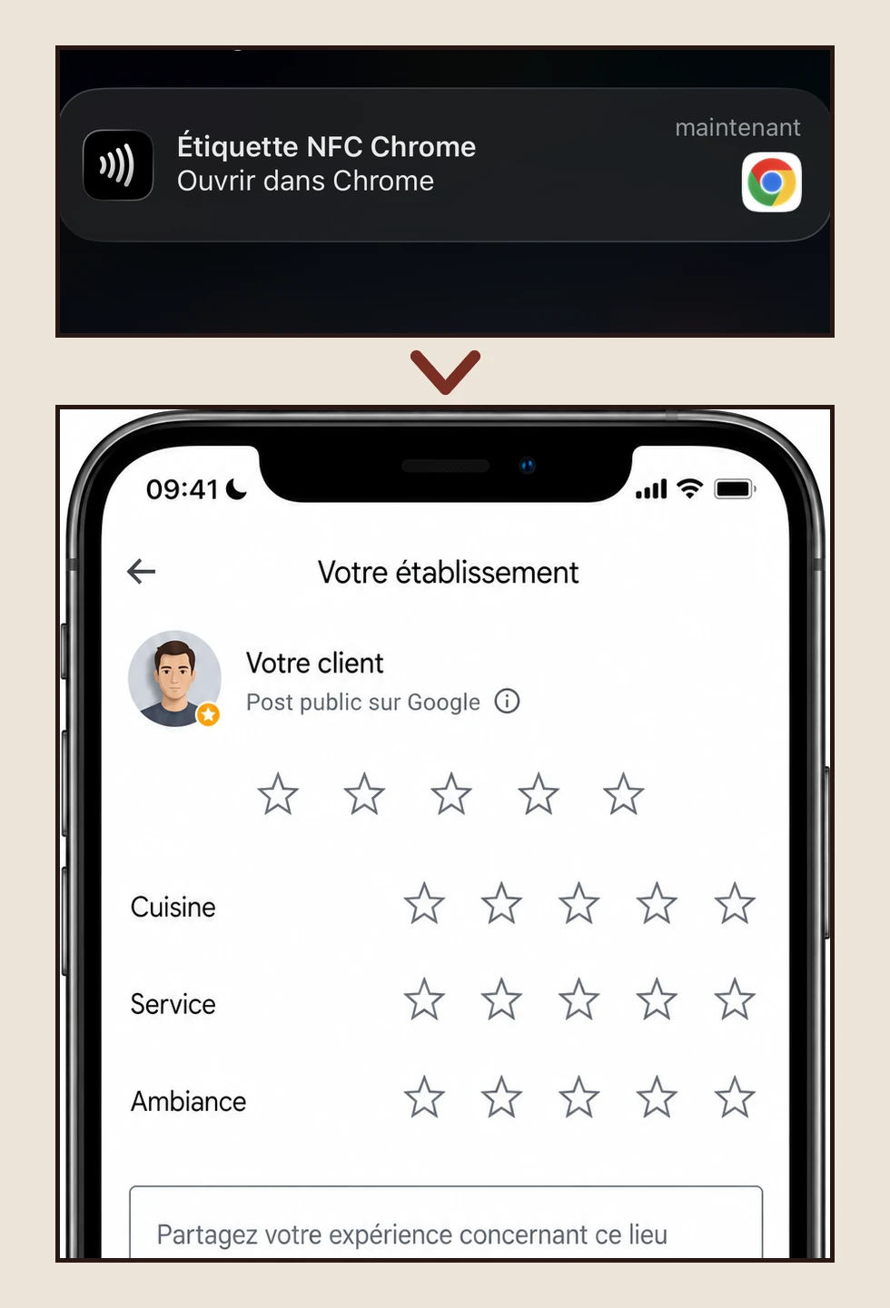 Notification NFC « Ouvrir dans Chrome » menant à la page d'avis Google sur un smartphone